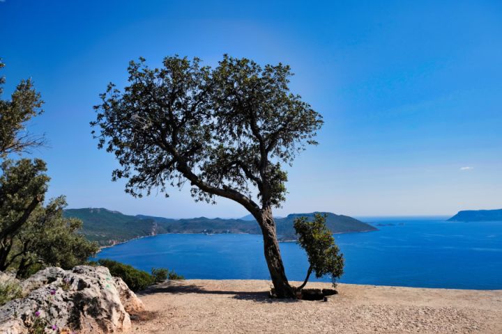 Vyhliadka na Stredozemné more a zelený polostrov. Antalya. Turecko.
